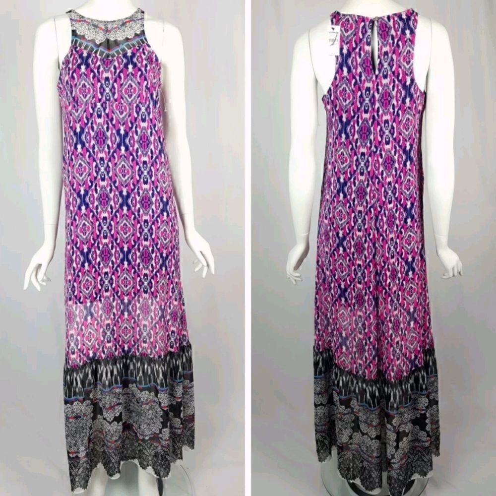 NWT Womens Size XS Express Pink Purple Tribal Geometric Boho Peasant Maxi Dress 